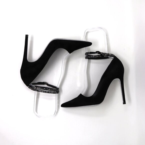 René Caovilla NEW 38 Black Suede Fabulosity Swarovski Crystal Ankle Wrap Heels - Picture 12 of 16